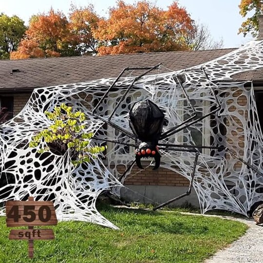 Joyseller; Spider Web Halloween Decorations Outdoor, Stretchy 450 sqft Halloween Spider Web, Cut-Your-Own Flexible Spider Webbing for Halloween Decor (Spiders Not Included); Category:Halloween Animatronics; Image:1